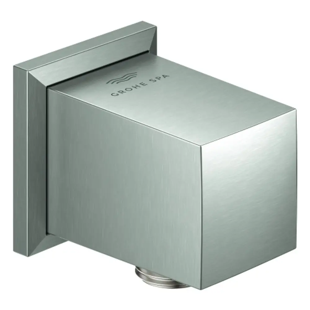 Grohe Wandanschlussbogen in rechteckiger Form aus gebürstetem Edelstahl, mit einem Anschluss für Wasserleitungen, in modernem Design, für die Wandmontage geeignet.