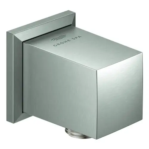 Grohe Wandanschlussbogen in rechteckiger Form aus gebürstetem Edelstahl, mit einem Anschluss für Wasserleitungen, in modernem Design, für die Wandmontage geeignet.