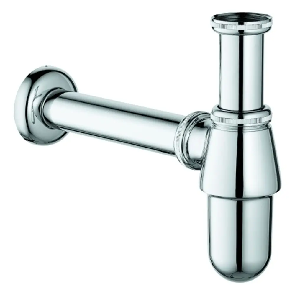Geruchverschluss aus verchromtem Metall von Grohe, mit zylindrischen und konischen Elementen, zur Montage an Waschtischen.