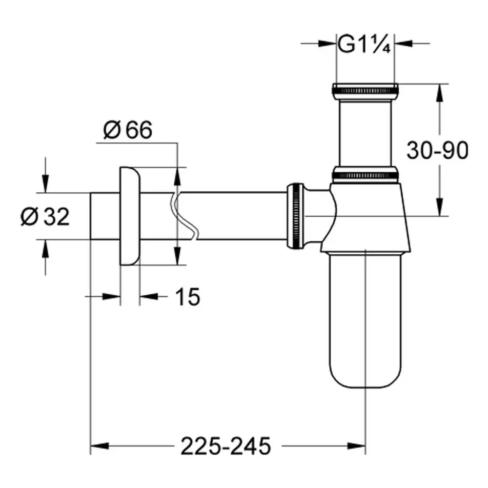 Grohe Geruchsschutzsiphon für Waschbecken mit verschiedenen Anschlussmaßen und Durchmessern, grafisch dargestellt mit Maßlinien und Bezeichnungen.