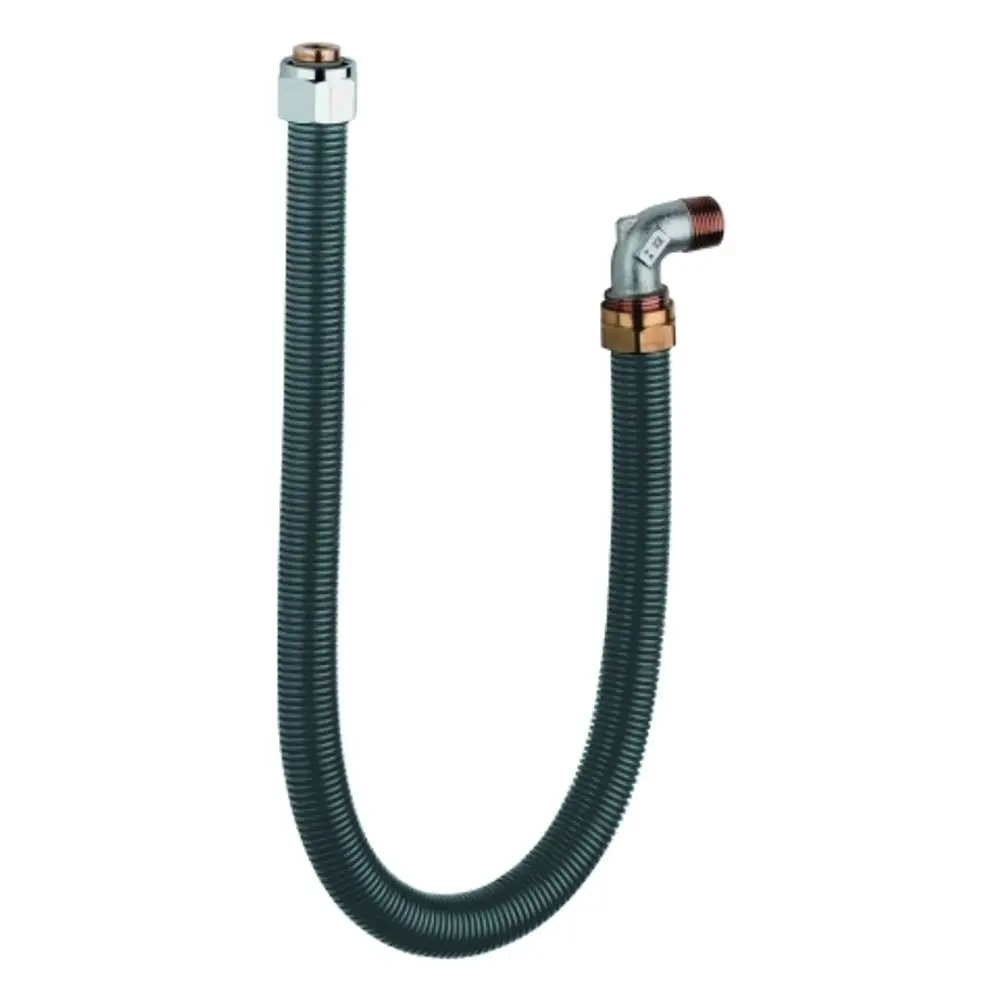 Flexibles Anschlussrohr von Grohe mit einem geriffelten, grauen Schlauch und einem angewinkelten Anschluss aus Metall, ausgestattet mit zwei Gewindeverbindungen.