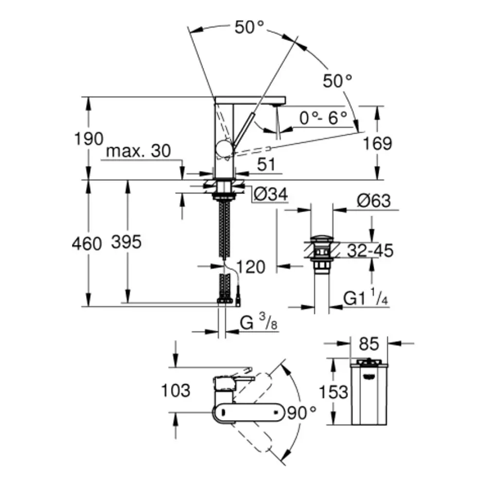 GROHE Armatur mit einem digitalen Display. Die Abbildung zeigt verschiedene Maße, Anschlüsse und eine Menüführung oben. Der Wasserhahn ist in Chromoptik.