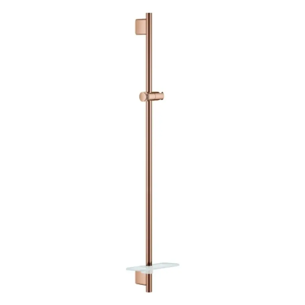 Brausestange aus Metall mit einer Halterung und einer abnehmbaren Ablagefläche. Die Oberfläche hat eine warme Kupferfarbe. Hersteller: Grohe.