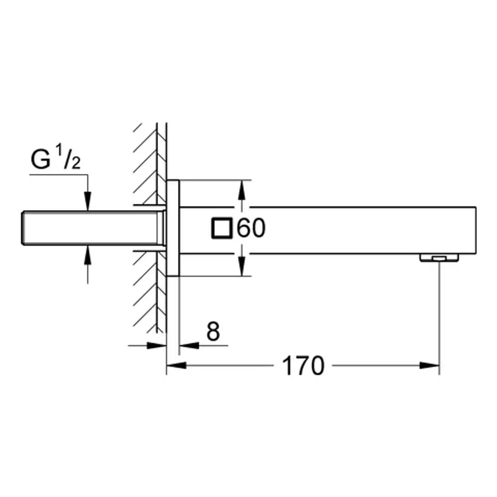 Grohe Wanneneinlauf mit quadratischem Flansch und einem Auslauf, montiert an einer Wand. Die Abmessungen sind auf dem technischen Zeichnungsbild dargestellt.