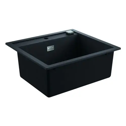 Grohe Kompositspüle in Schwarz, rechteckige Form mit einem Becken, einfacher Ablauf auf der Oberseite, ohne integrierte Armatur oder Zubehör.