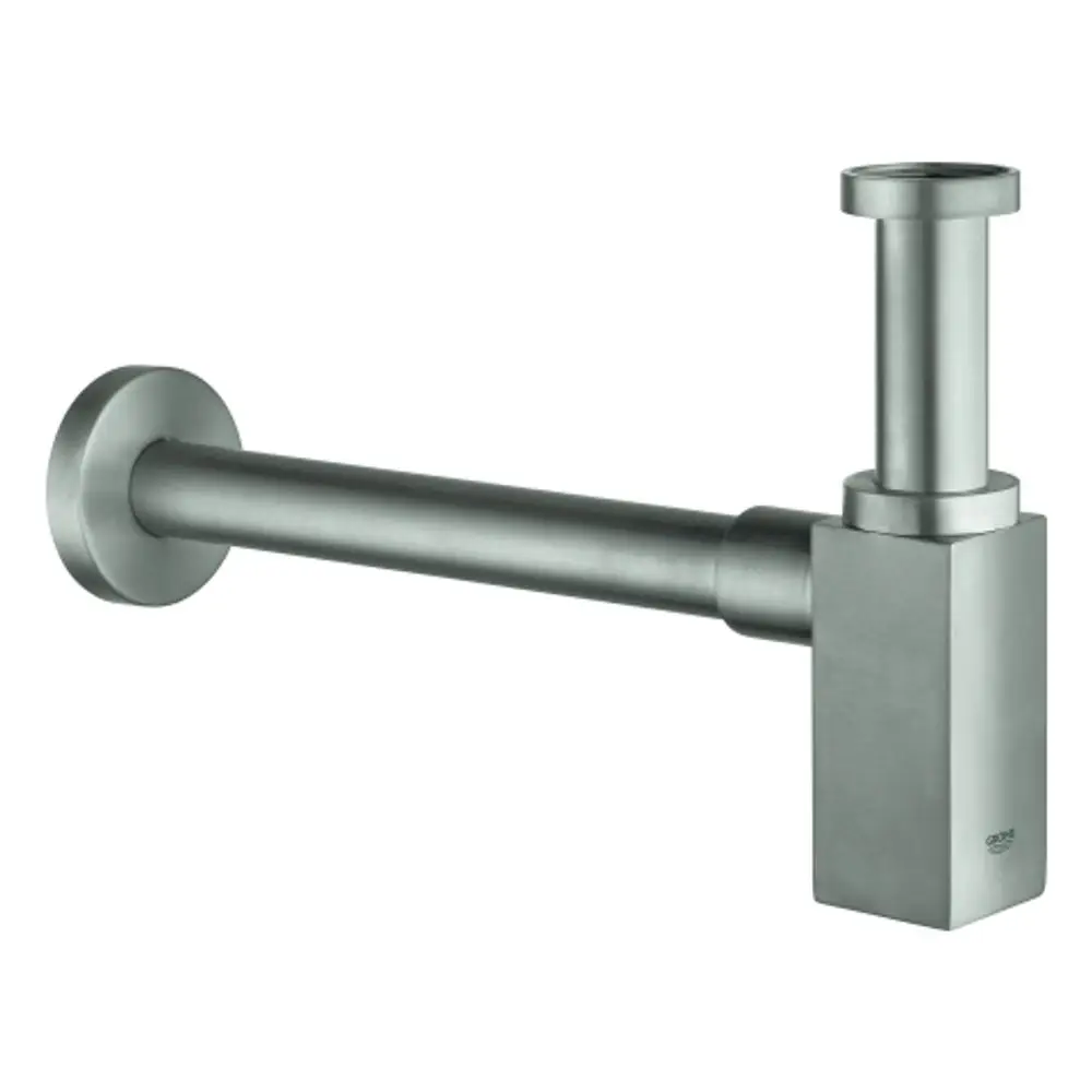 Geruchsverschluss aus Edelstahl mit eckiger Form und einer vertikalen Rohrleitung, hergestellt von Grohe. Das Produkt ist für Waschtische konzipiert.