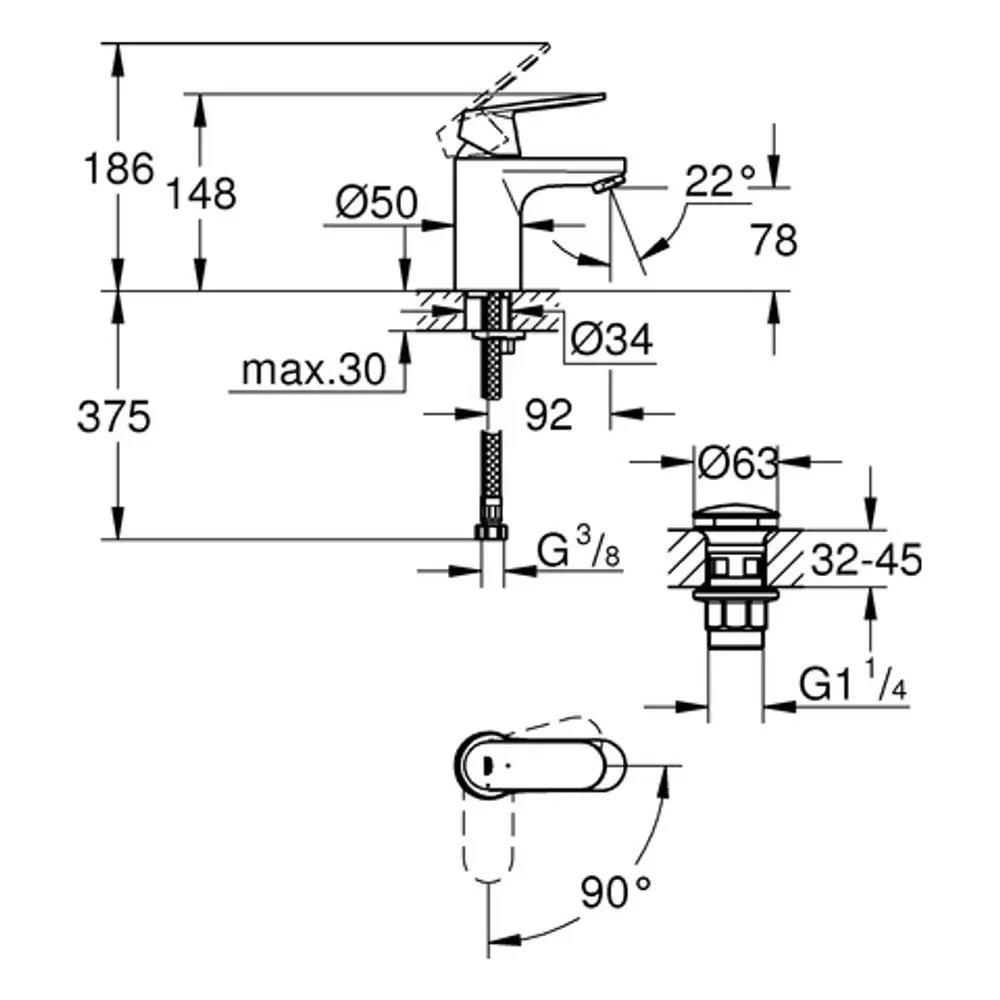 Schematische Zeichnung einer Grohe-Wasserhahn-Batterie mit Spezifikationen, Ansichten und Maßen, einschließlich der Verbindungsteile und Installationsanforderungen.