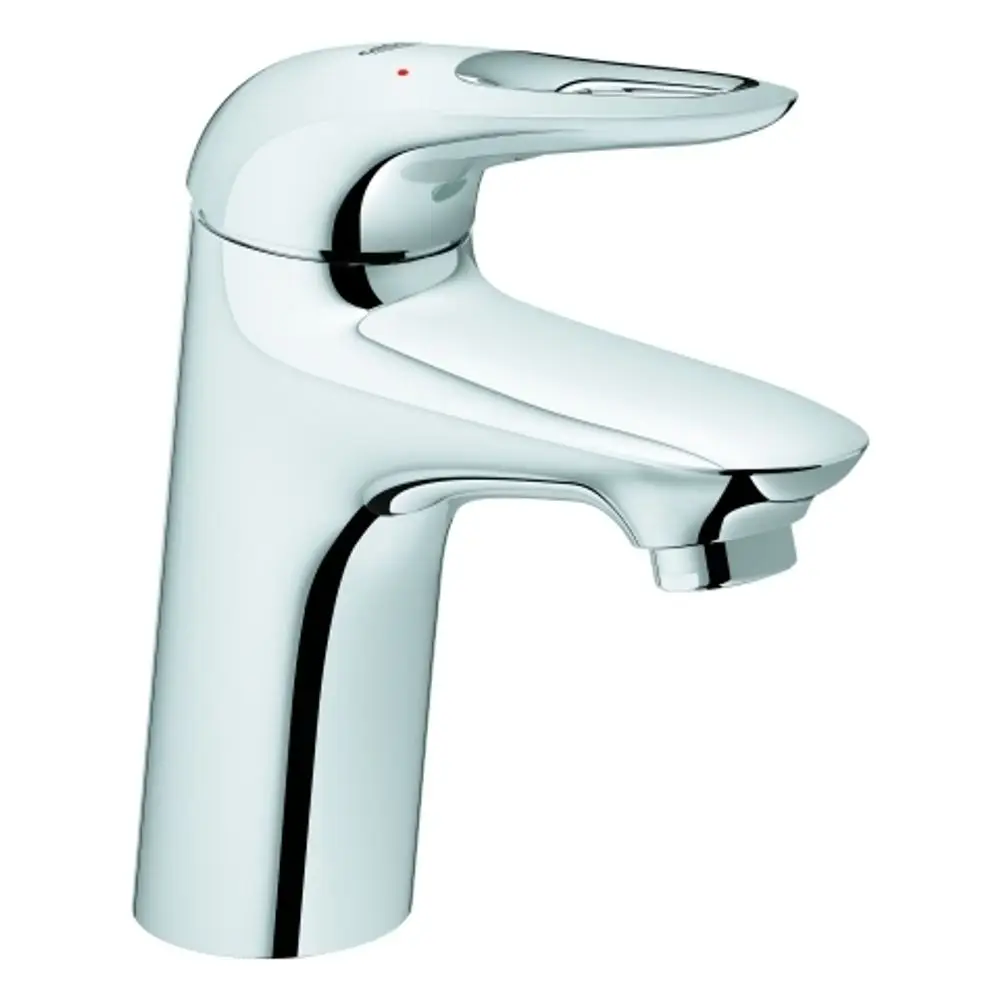 Chromfarbene Grohe Armatur mit einem Hebel zur Wasserregulierung und einem Push-open Abflussmechanismus, geeignet für Waschbecken.