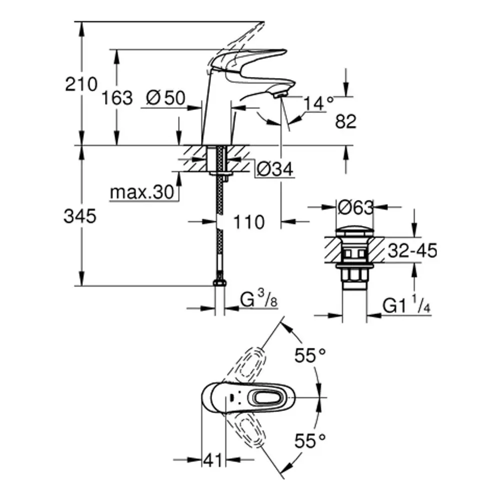 Grohe Mischbatterie mit einem Hebel, schematische Darstellung mit Maßen und Anschlussdetails. Enthält Abmessungen für die Montage und den Wasserfluss.