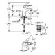 Grohe Mischbatterie mit einem Hebel, schematische Darstellung mit Maßen und Anschlussdetails. Enthält Abmessungen für die Montage und den Wasserfluss.