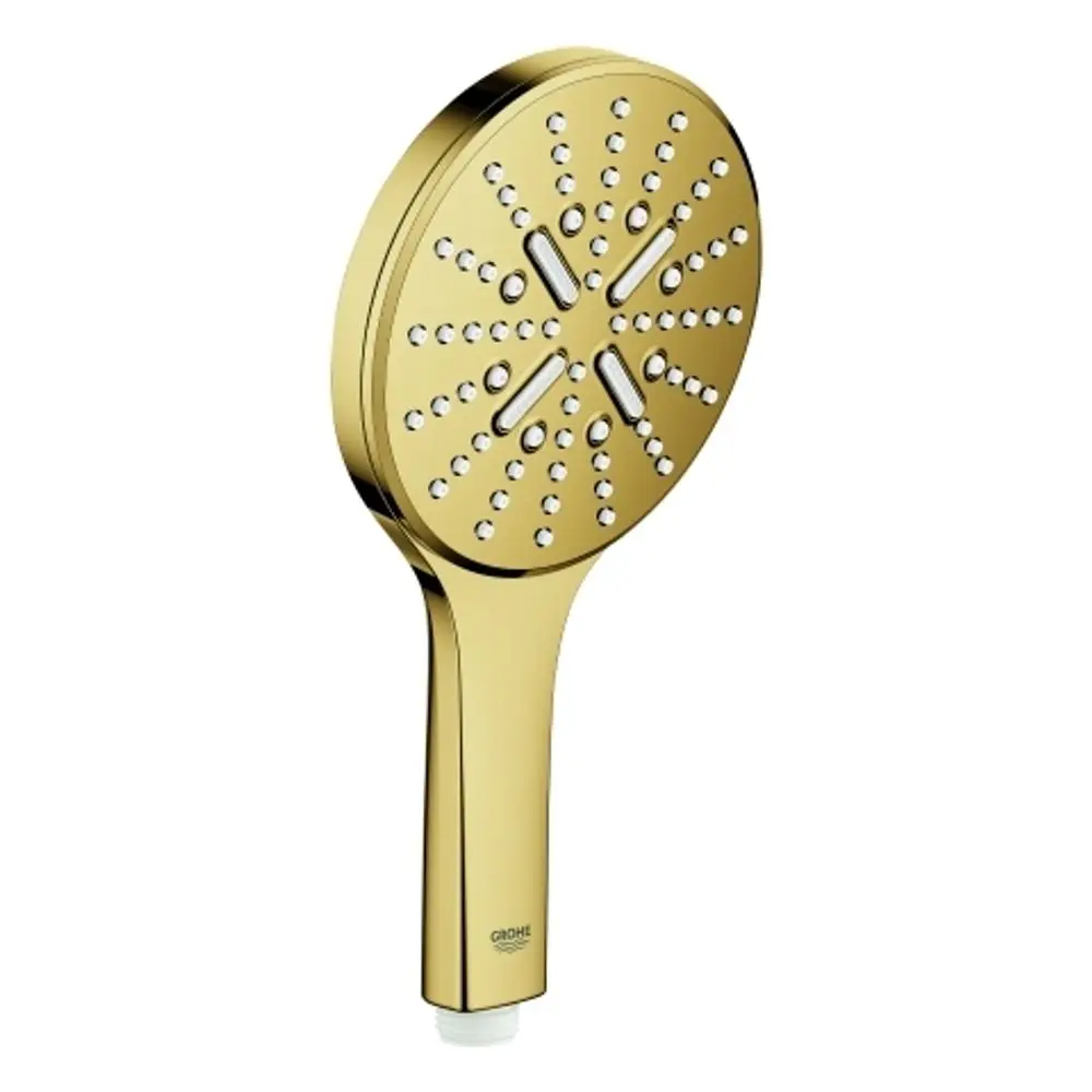 Grohe Handbrause mit goldener Oberfläche, runder Kopf mit Duschdüsen, ergonomischem Griff und Anschluss unten. Ideal für moderne Badezimmergestaltung.