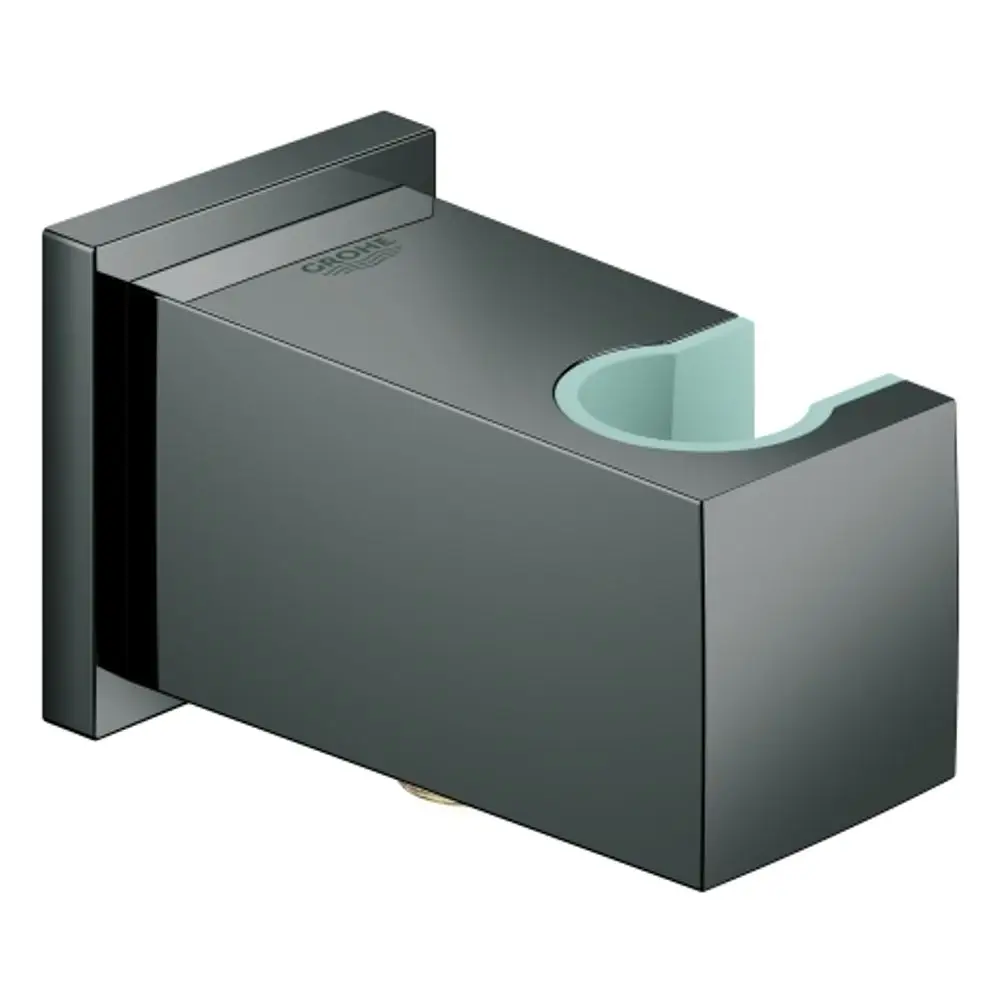 Wandanschlussbogen von Grohe mit rechteckiger Halterung und Aussparung für eine Wandbrause, in schwarzer Oberfläche.