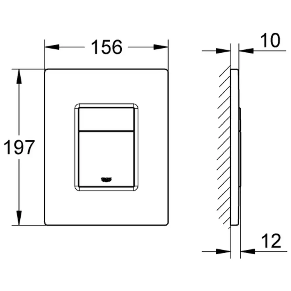 GROHE Betätigungselement mit rechteckigem Design, senkrecht montiert, in Edelstahloptik, gezeigt aus Vorder- und Seitenansicht, Maßangaben sind sichtbar.