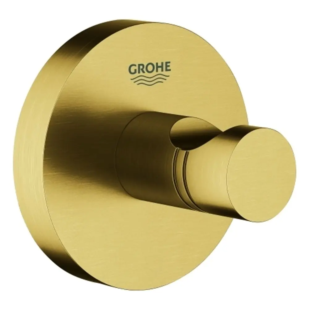 Runder, goldfarbener Bademantelhaken von Grohe mit flacher Oberfläche und einem zentralen Haken zum Aufhängen von Bademänteln oder Handtüchern an einer Wand.
