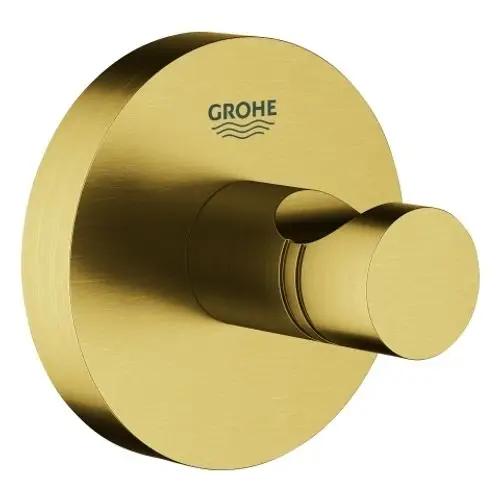 Runder, goldfarbener Bademantelhaken von Grohe mit flacher Oberfläche und einem zentralen Haken zum Aufhängen von Bademänteln oder Handtüchern an einer Wand.