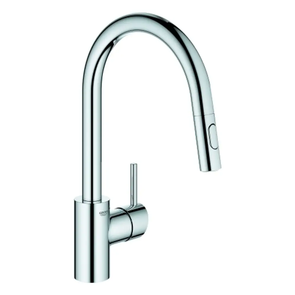 Grohe Küchenarmatur mit runder Ausführung, hohem Auslauf und ausziehbarer Spülbrause. Der Bedienhebel befindet sich an der Seite des Körpers. Finish in chrom.