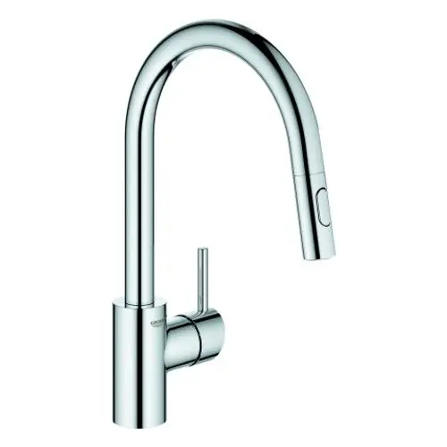 Grohe Küchenarmatur mit runder Ausführung, hohem Auslauf und ausziehbarer Spülbrause. Der Bedienhebel befindet sich an der Seite des Körpers. Finish in chrom.