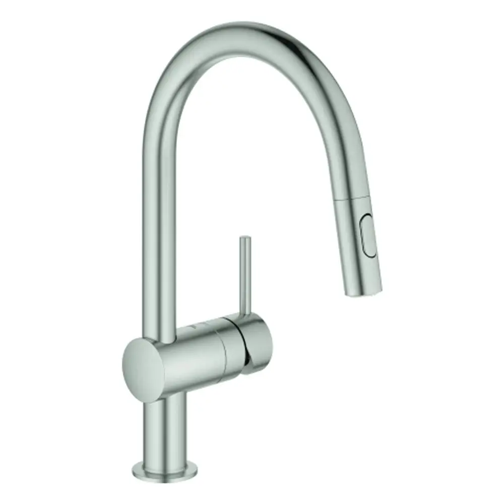 Küchenarmatur der Marke Grohe mit hohem Bogen und ausziehbarem Spülbrausekopf in Supersteel-Optik, mit Bedienhebel an der Seite.