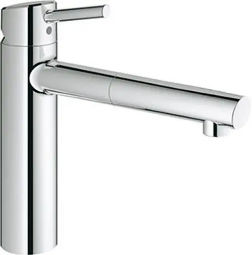 GROHE-Mischbatterie in chrom, mit einem ausziehbaren Auslass und einem Hebel zur Wasserregulierung, in klarer, funktionaler Formgestaltung.