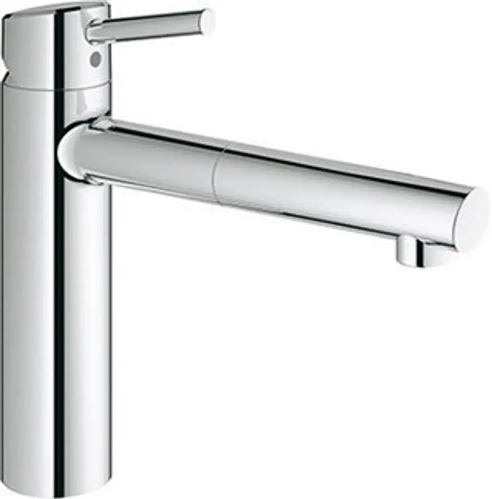 Hochwertige chromfarbene Grohe-Wasserhahnarmatur mit einem ausziehbaren Mousseur und einem modernen Design, geeignet für Niederdrucksysteme.
