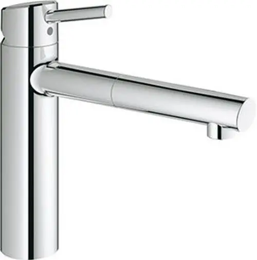 Hochwertige chromfarbene Grohe-Wasserhahnarmatur mit einem ausziehbaren Mousseur und einem modernen Design, geeignet für Niederdrucksysteme.