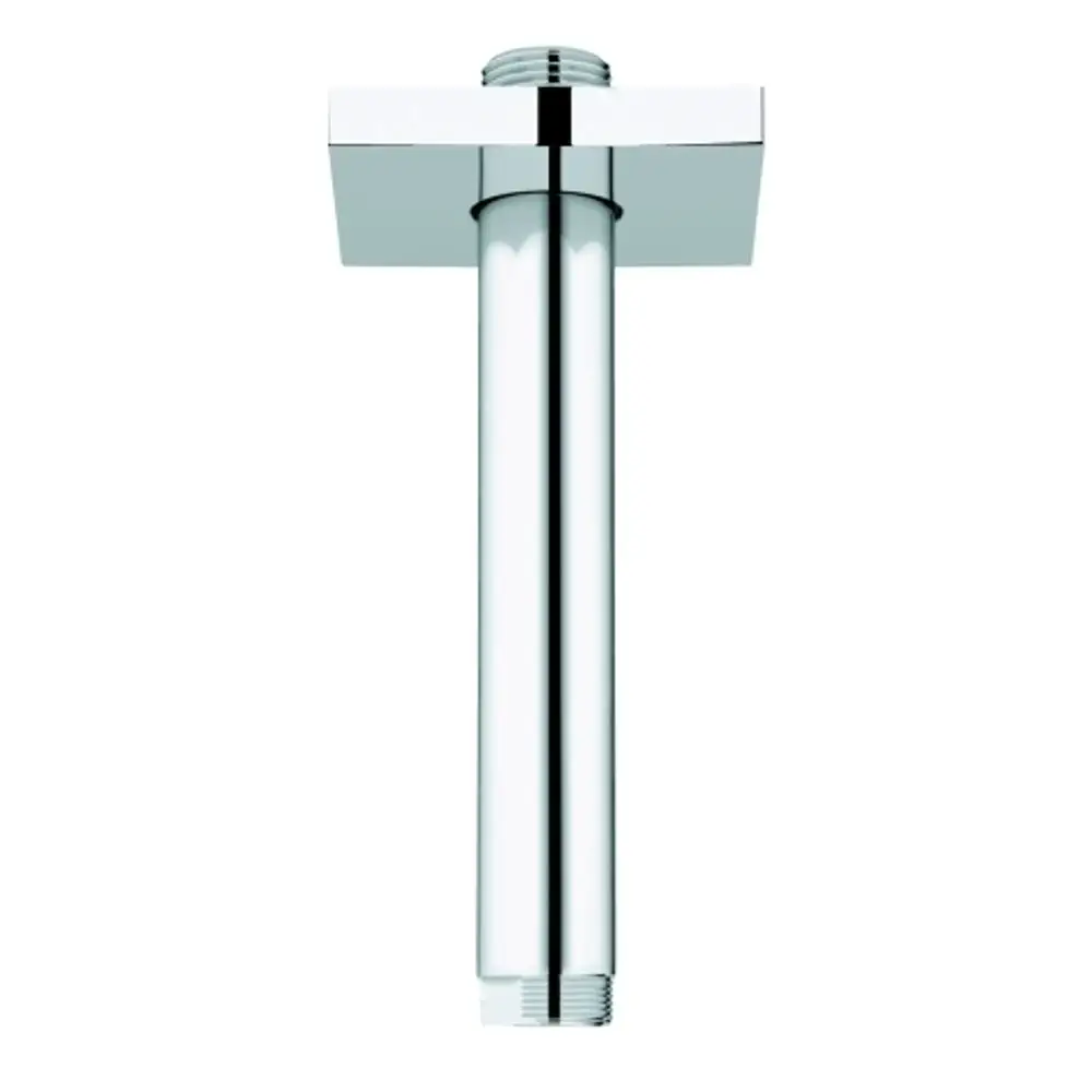 Grohe Deckenauslass mit eckiger Rosette und geradem Rohr, glanzverchromt. Das Rohr hat eine sichtbare Gewindeverbindung am unteren Ende.