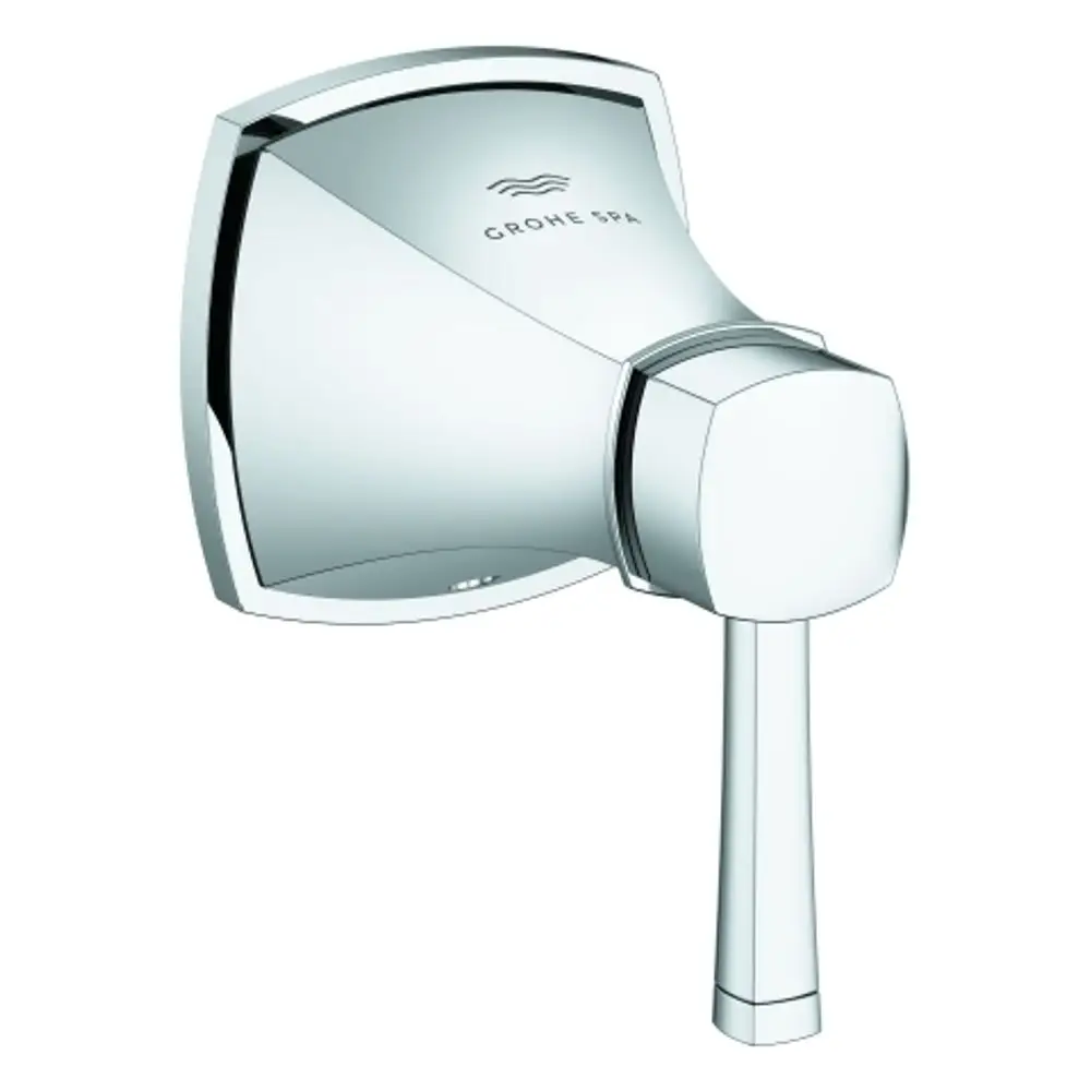Chromfarbenes Grohe Ventil mit quadratischer Blende und seitlichem Griff zur Temperatur- und Wasserregulierung, montiert an einer Wandfläche.