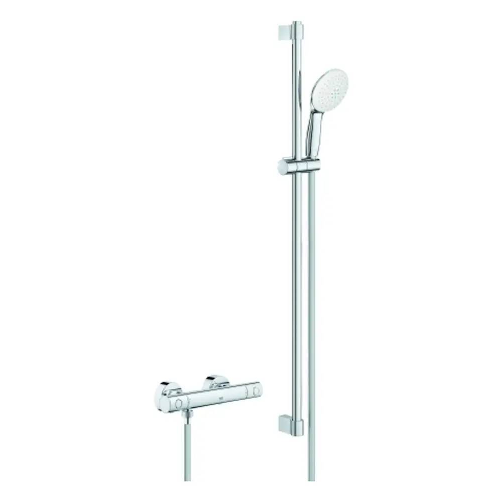 GROHE Brausebatterie mit Duschgarnitur, chrome Oberfläche, bestehend aus einem Handbrausekopf und einem Sicherheits-Duschthermostat montiert an einer Wand.