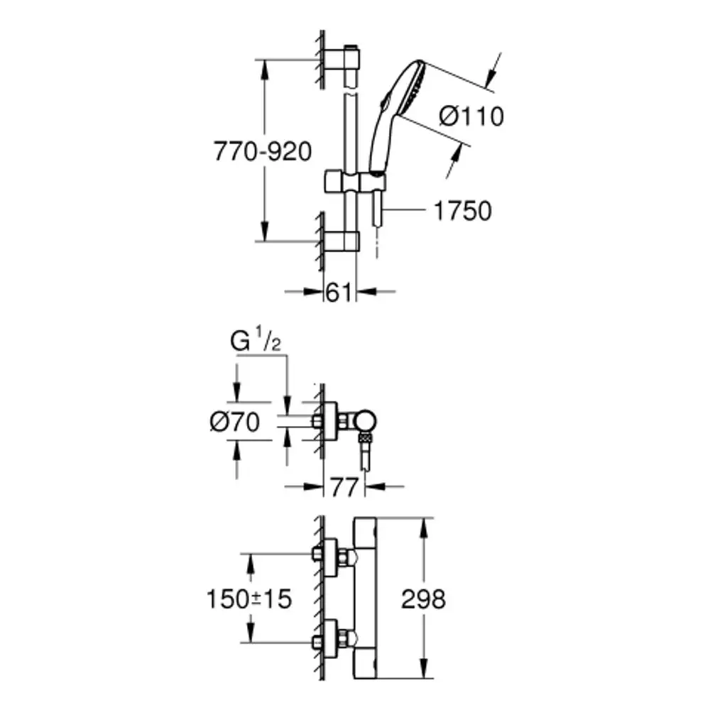 GROHE Duschbatterie mit Handbrause, montiert an einer Wand. Technische Zeichnung mit Maßangaben und Anschlussdetails für Installation.