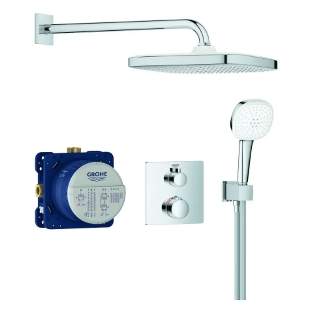 Duschsystem von Grohe mit einem großen Kopfbrause, einer Handbrause, einer Steuerungseinheit, einer Wandhalterung und einem blauen Unterteil zur Installation.