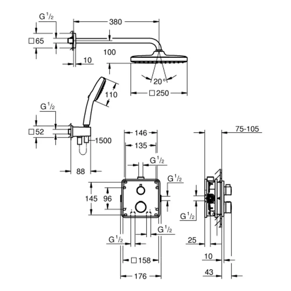 Duschsystem von Grohe mit Kopfbrause und Handbrause. Enthält Montageinformationen sowie Maße für die Installation. Übersichtliche technische Zeichnung.