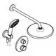 Duschsystem von Grohe mit runder Kopfbrause und Handbrause. Enthält Wandanschlüsse und Steuerungselemente für die Wassertemperatur und -menge.
