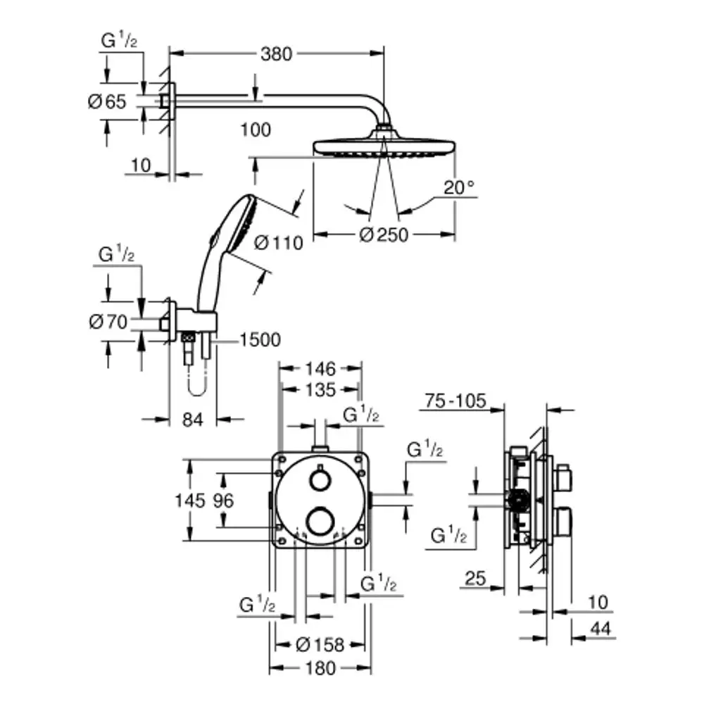Technisches Diagramm eines Grohe Duschsystems mit Kopf- und Handbrause, inklusive Aufmaß und Anschlussdetails für die Installation.