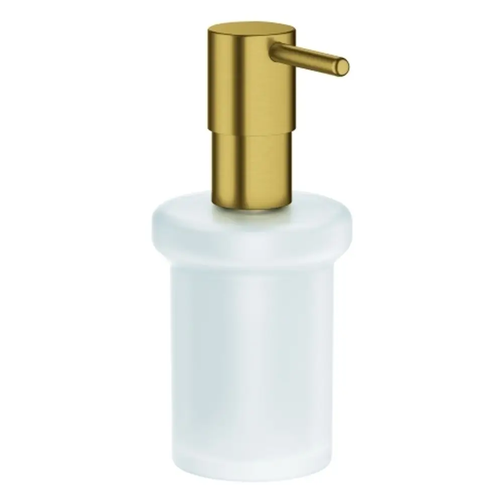 Seifenspender mit edlem Design, bestehend aus einem transparenten Behälter und einem goldenen Pumpkopf, hergestellt von Grohe. Ideal für Badezimmer oder Küchen.