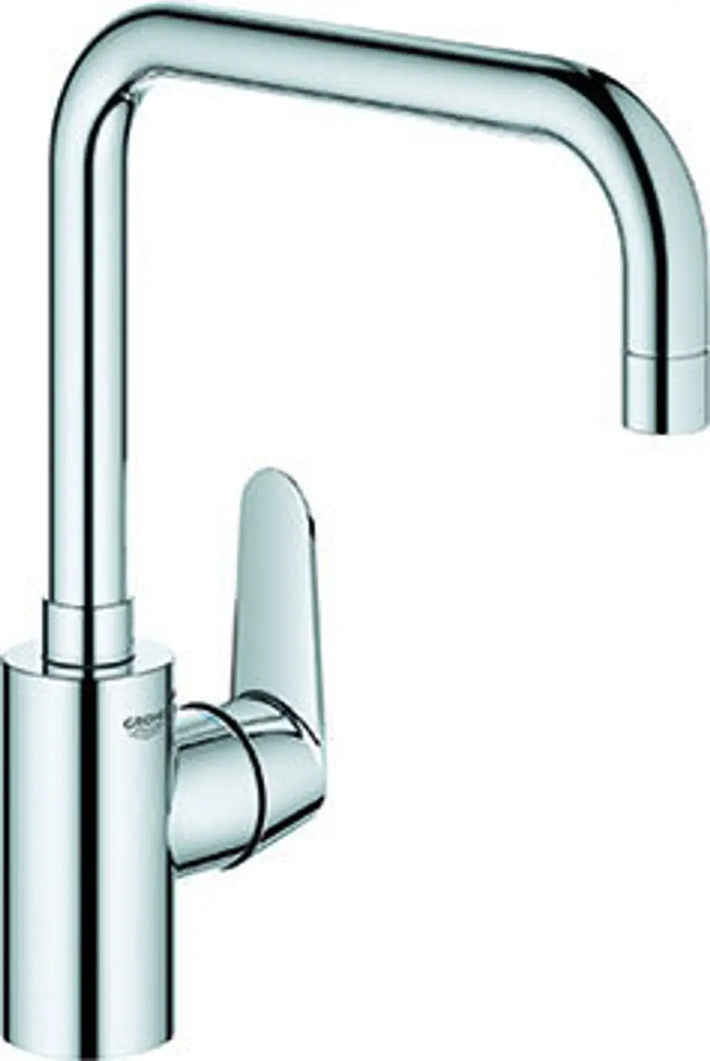 Hochglänzende, chromfarbene Grohe Küchenarmatur mit einem hohen Auslauf und einem seitlichen Hebel zur Bedienung des Wasserflusses. Ideal für Spülen und Waschbecken.