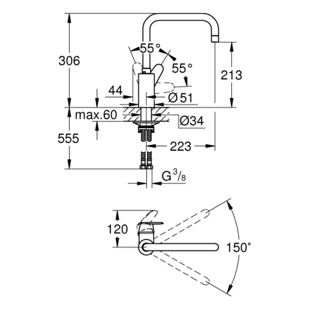 Ein Grohe-Wasserhahn mit hohem Auslauf, dargestellt in einer technischen Zeichnung, zeigt Maße und Montageanleitung. Drehbereich der Armatur ist angedeutet.