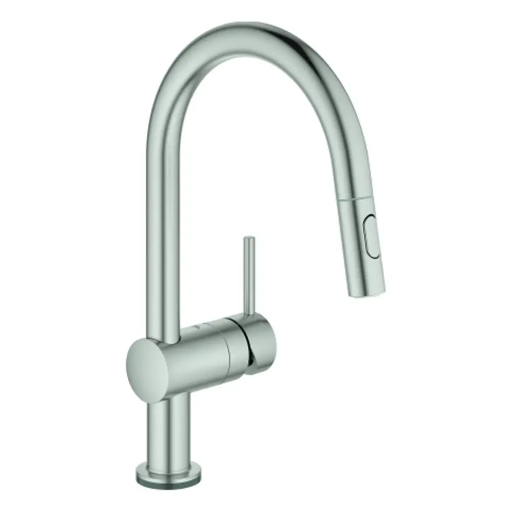 Ein Grohe Wasserhahn mit einem geschwungenen Auslauf, einer seitlichen Bedienung und einem abnehmbaren Schlauch. Die Oberfläche ist in Edelstahloptik gehalten.