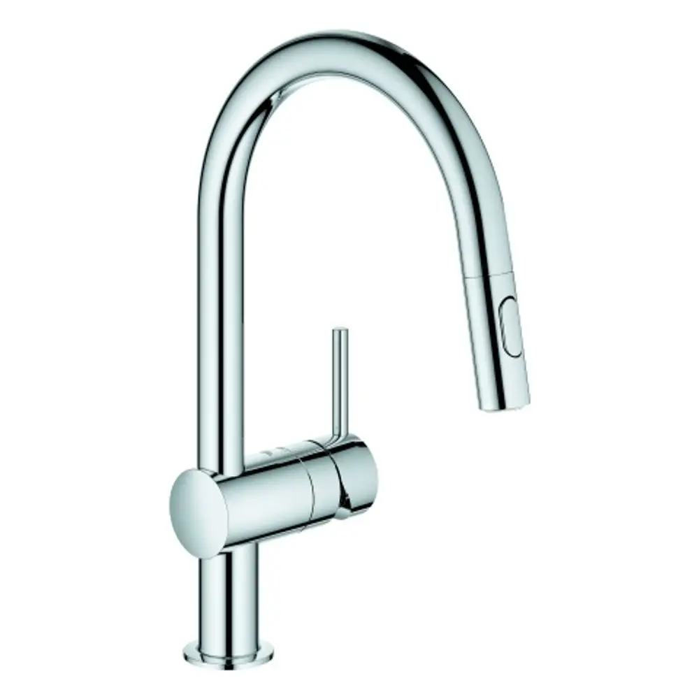 Grohe Spültischbatterie mit hochgebogenem Auslauf und separater Spülbrause in Chromoptik. Der Hebel zur Steuerung des Wasserdurchflusses befindet sich am Körper.