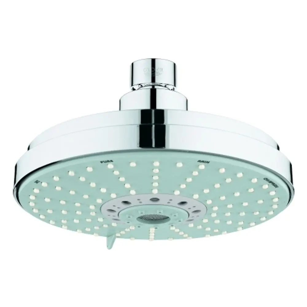 Grohe Kopfbrause in chrom mit mehreren Strahlarten und runder, flacher Kopfform. Die Brause verfügt über eine zentrale Steuerung für die verschiedenen Einstellungen.
