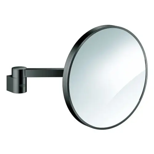 Wandmontierter Kosmetikspiegel mit runder Spiegelfläche und schwarzem Arm von Grohe, geeignet für die Badezimmeranwendung.