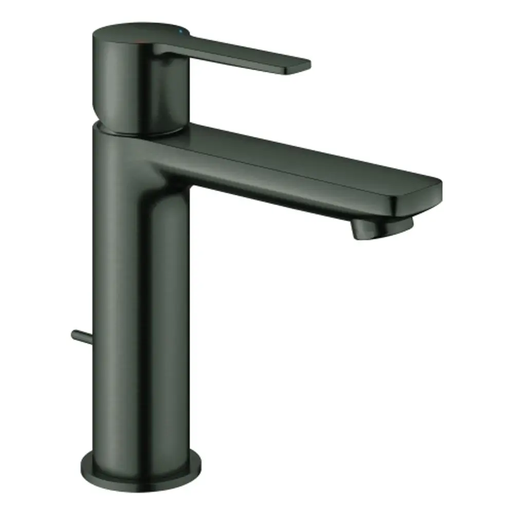 Waschtischarmatur von Grohe in einheitlichem design, gebürstet in Hard Graphite, mit einem Hebel und einer schmalen Auslauföffnung.