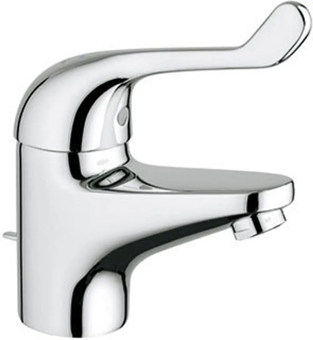 Chromfarbener Wasserhahn von Grohe mit einem langen Hebel und einem Abflussregler an der Vorderseite. Der Wasserhahn hat eine glatte, glänzende Oberfläche.