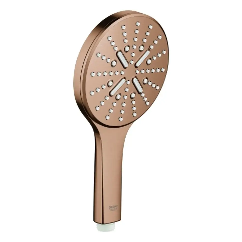 Handbrause in mattem Kupfer von Grohe mit runder Kopfpartie, ausgestattet mit zahlreichen Sprühdüsen und ergonomischem Griff für die einfache Handhabung.