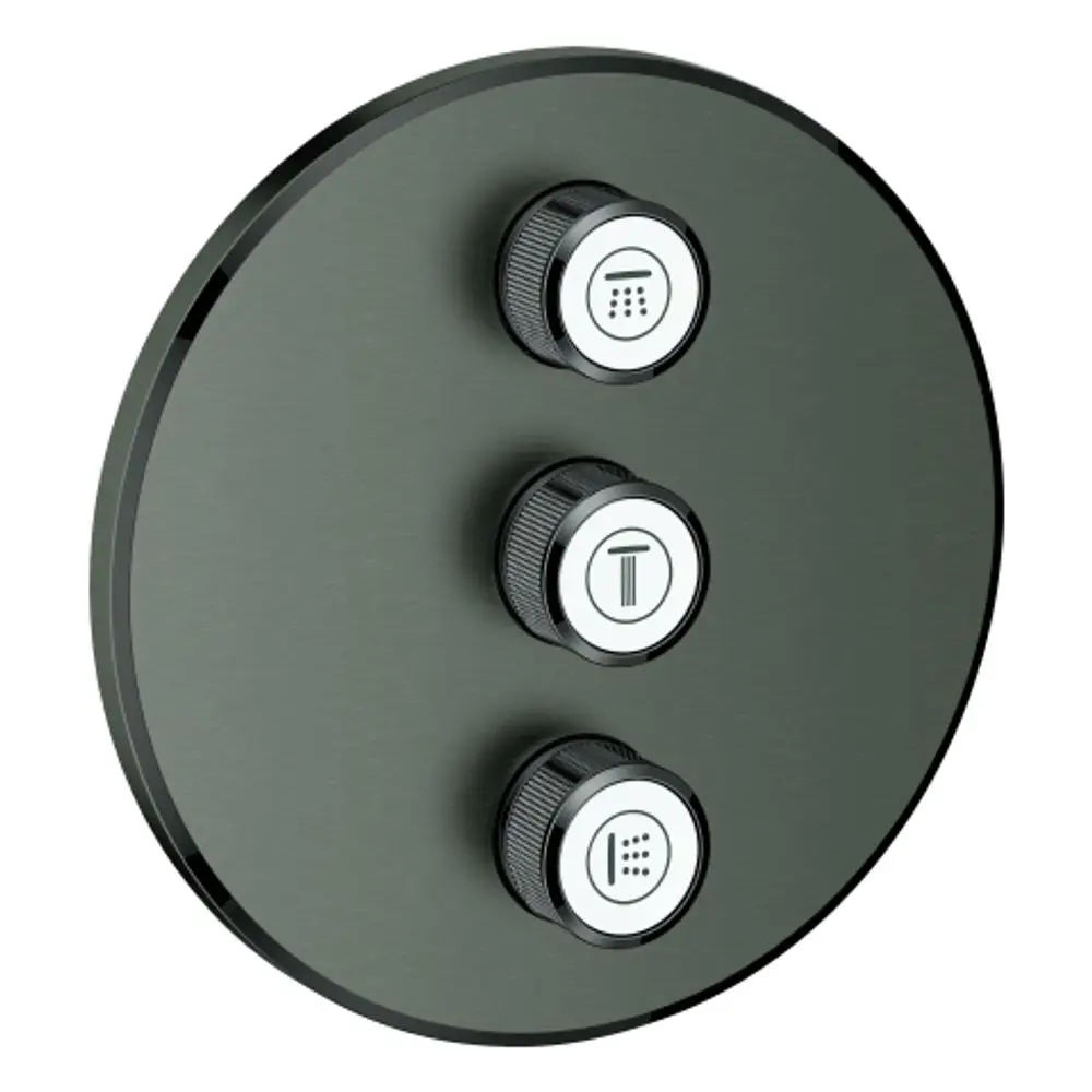 GROHE Bedienfeld mit drei drehbaren Reglern, die jeweils mit Symbolen für verschiedene Funktionen gekennzeichnet sind, montiert auf einer runden, dunklen Fläche.
