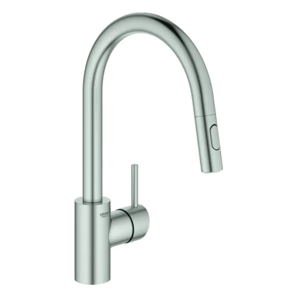 Küchenarmatur von Grohe mit einem geschwungenen Auslauf und einem seitlichen Hebel. Der Kopf der Armatur hat eine Funktion für Auszug oder Sprühfunktion.