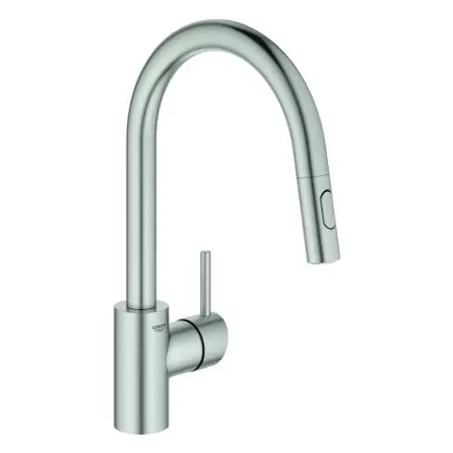 Küchenarmatur von Grohe mit einem geschwungenen Auslauf und einem seitlichen Hebel. Der Kopf der Armatur hat eine Funktion für Auszug oder Sprühfunktion.