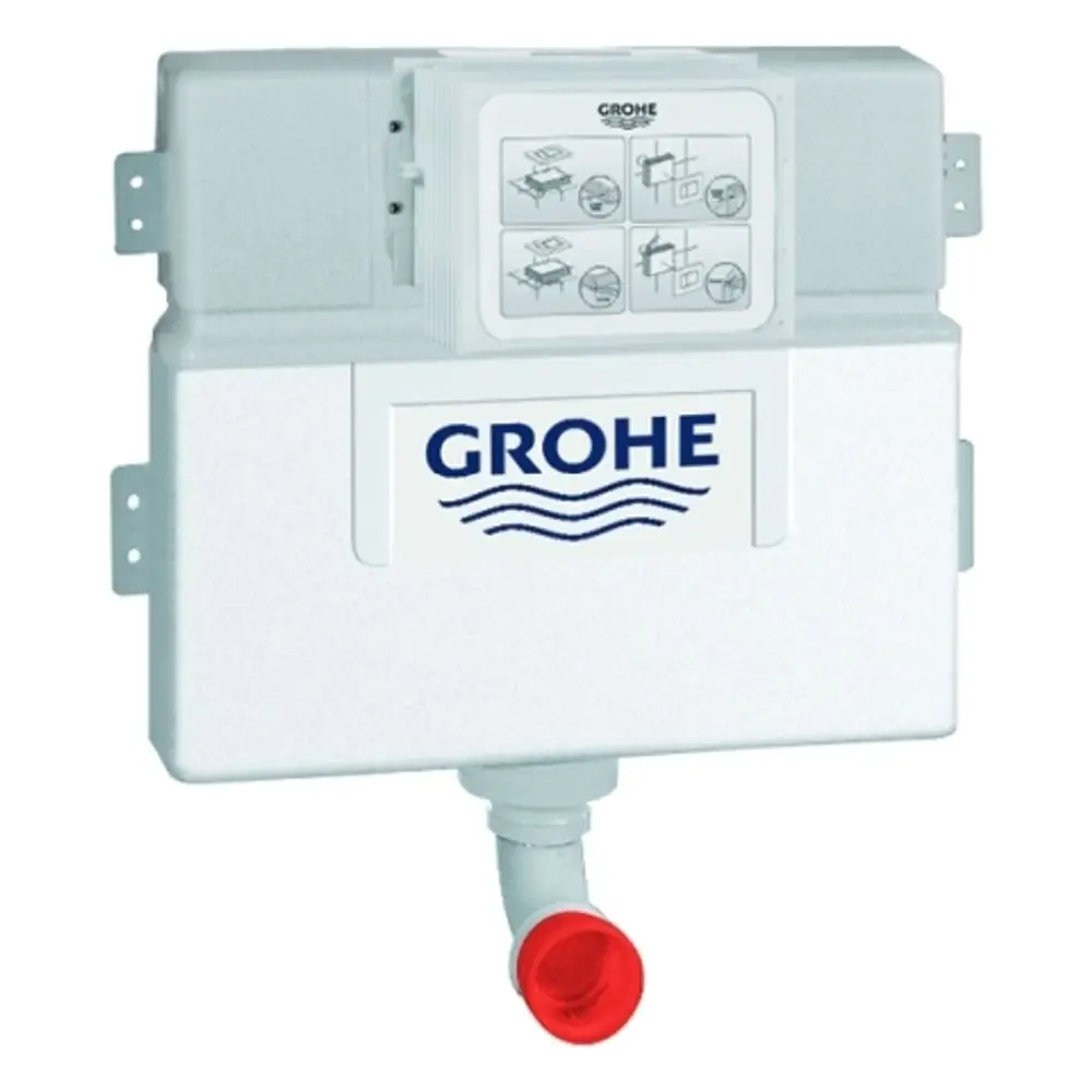 Weißer Grohe Wandeinbau-Spülkasten mit Bedienfeld oben. Enthält Anschluss für Wasserabfluss und ist für die Installation in Wänden vorgesehen.