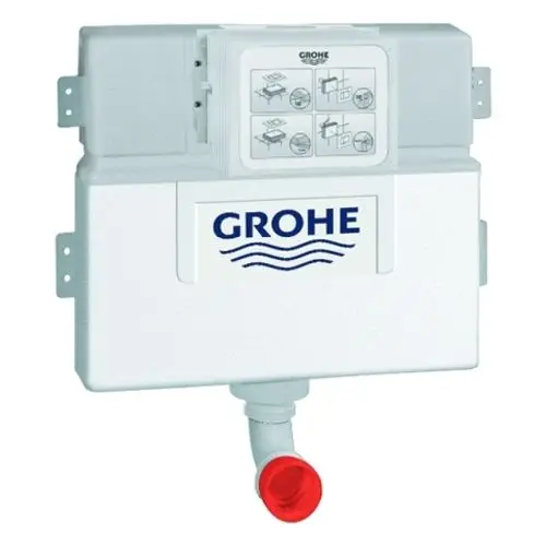 Weißer Grohe Wandeinbau-Spülkasten mit Bedienfeld oben. Enthält Anschluss für Wasserabfluss und ist für die Installation in Wänden vorgesehen.