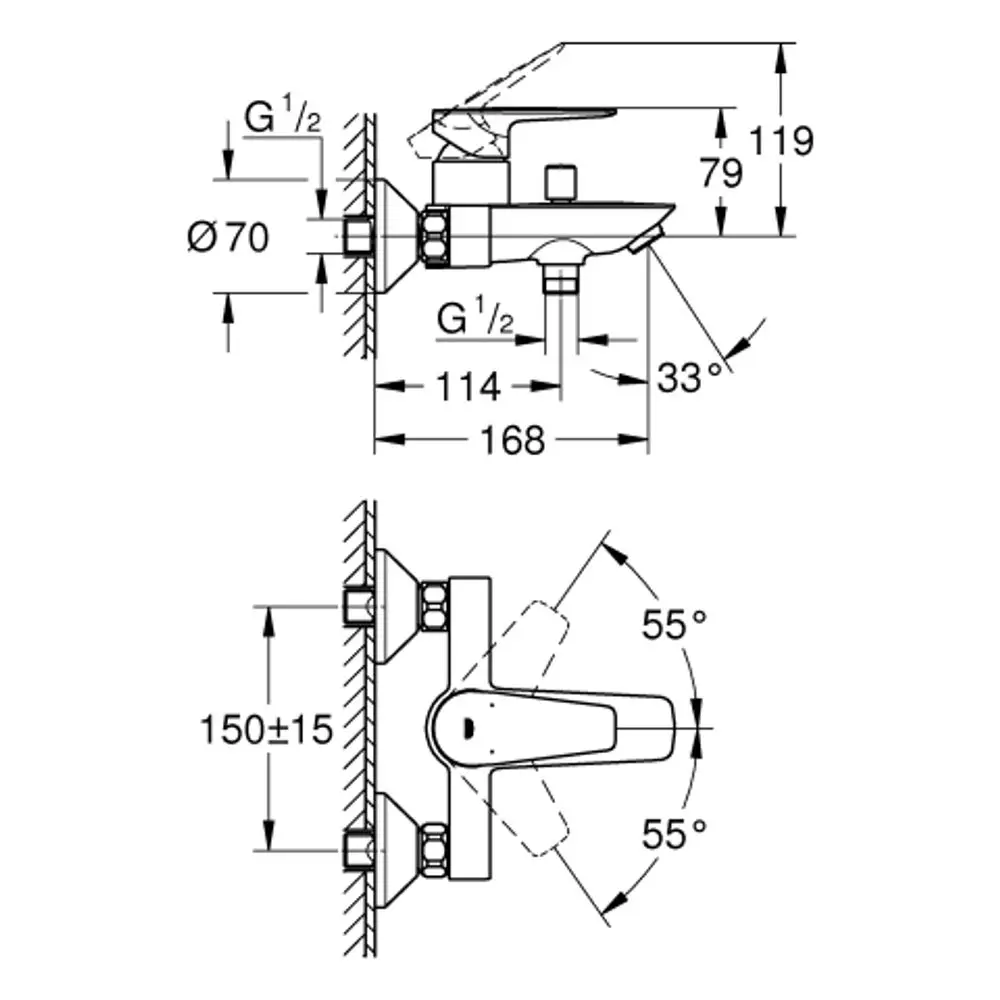 Wandmontierte Armatur von Grohe mit verschiedenen technischen Maßen und einer Einhebelbedienung, dargestellt in technischem Zeichnungsformat.