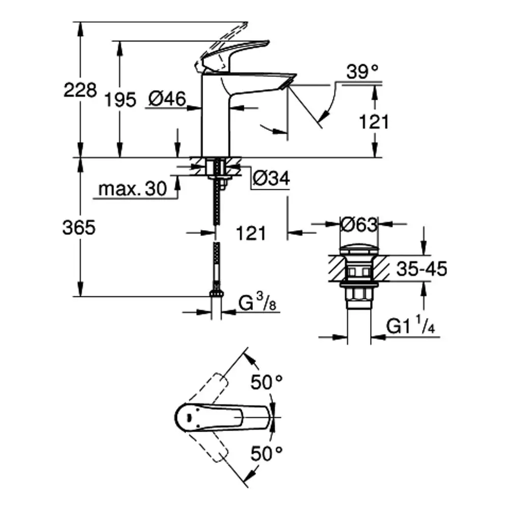 Grohe-Waschtischarmatur mit Hebel, seitlicher Ablaufgarnitur und Abmessungen für Montage. Technische Skizze zeigt wichtige Maße und Installationsdetails.